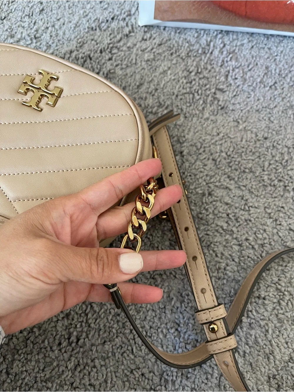 Tory Burch Nude Quilted Leather Crossbody with Gold Logo